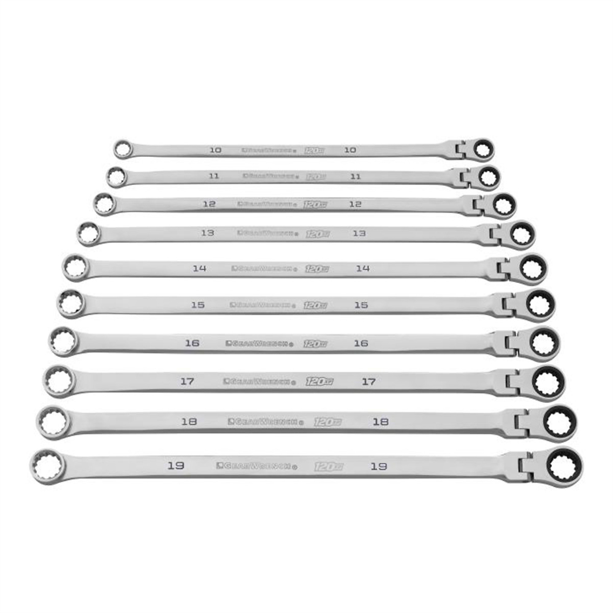GearWrench 10-Piece 120XP Universal Spline XL Flex Head GearBox Ratcheting Metric Wrench Set — Alloy Steel, 3° Swing Arc, Model# KDT86126